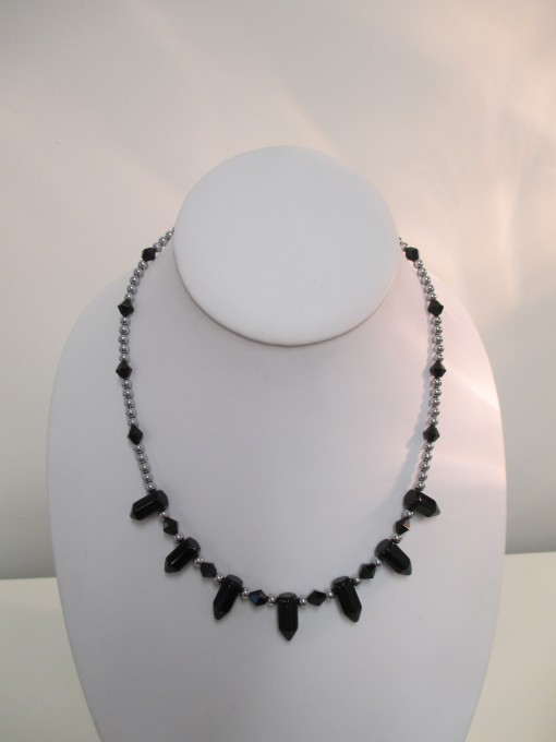 Black agate "pencils" and silver coated hematite necklace‏